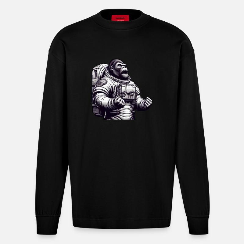Gorille astronaute dans l’espace - Manches longues bio épais oversize fabriqué en UE - SOLID BLACK