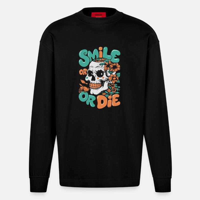 LÄCHELN ODER STERBEN - Heavyweight Oversized Organic Langarmshirt Made in EU - SOLID BLACK