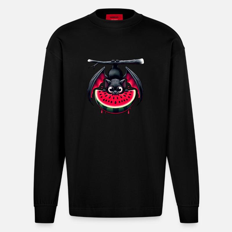 Fledermaus Sommerfrucht Melone - Heavyweight Oversized Organic Langarmshirt Made in EU - SOLID BLACK