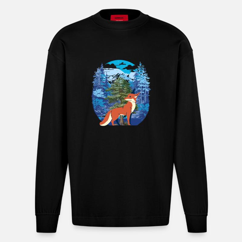 Fox Foxes Forest - Heavyweight Oversized Organic Longsleeve Shirt Made in EU - SOLID BLACK
