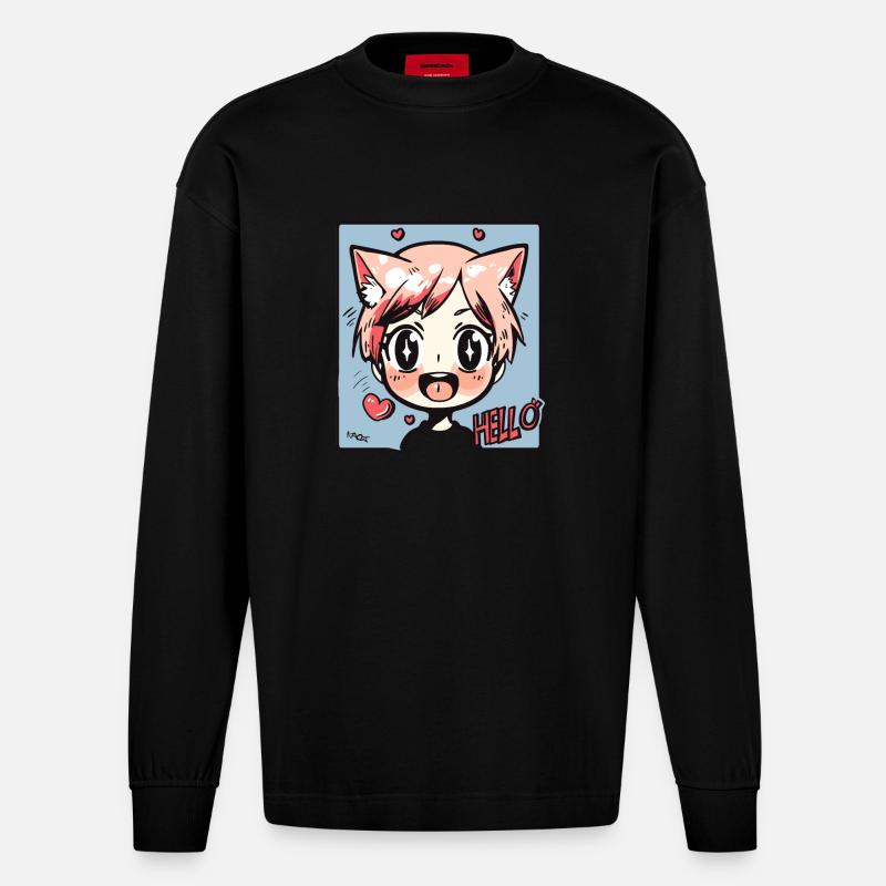 Süßes Fuchs Anime-Kind: Hallo! - Heavyweight Oversized Organic Langarmshirt Made in EU - SOLID BLACK