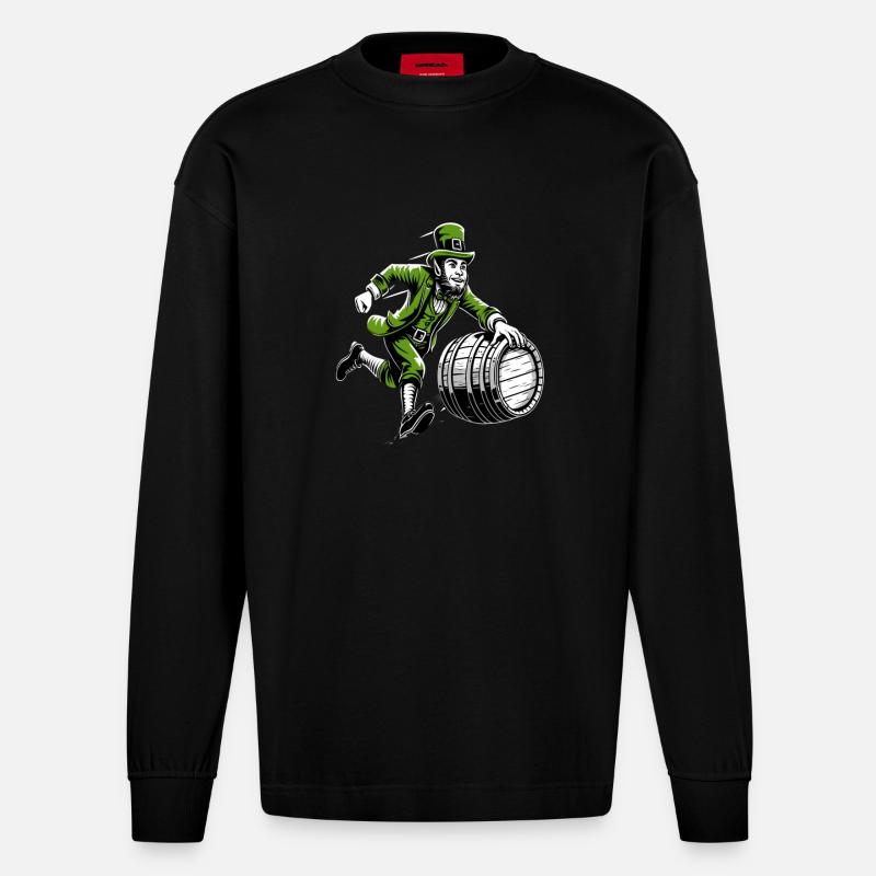 Fassschiebender Leprechaun (Irischer Kobold) - Heavyweight Oversized Organic Langarmshirt Made in EU - SOLID BLACK