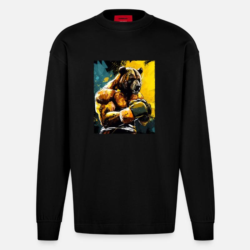 Boxe boxer Grizzly Bear - Manches longues bio épais oversize fabriqué en UE - SOLID BLACK