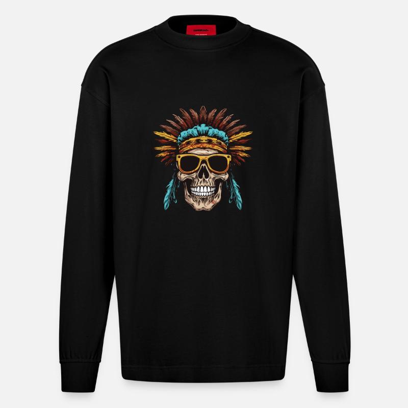 Apache Totenkopf Indianer - Heavyweight Oversized Organic Langarmshirt Made in EU - SOLID BLACK