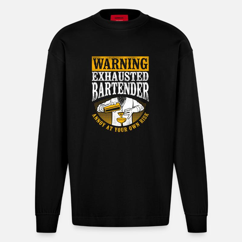 Bartender Mixologist Warning - Heavyweight Oversized Organic Langarmshirt Made in EU - SOLID BLACK