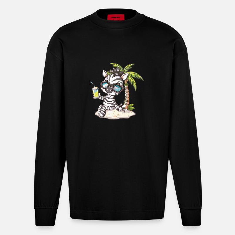 Zebra Summer Beach Comic - Heavyweight Oversized Organic Longsleeve Shirt Made in EU - SOLID BLACK