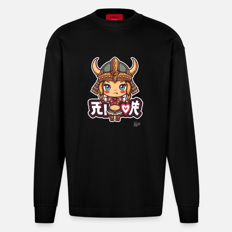 süßes chibi Barbaren Wikinger Mädchen - Heavyweight Oversized Organic Langarmshirt Made in EU - SOLID BLACK