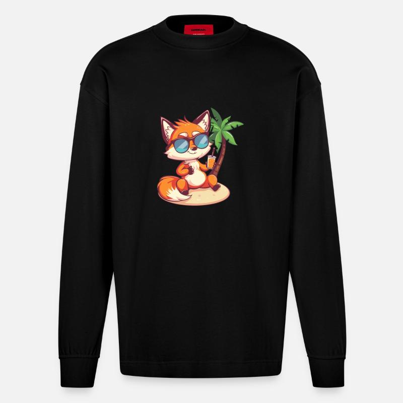 Fuchs Sommer Strand Comic - Heavyweight Oversized Organic Langarmshirt Made in EU - SOLID BLACK