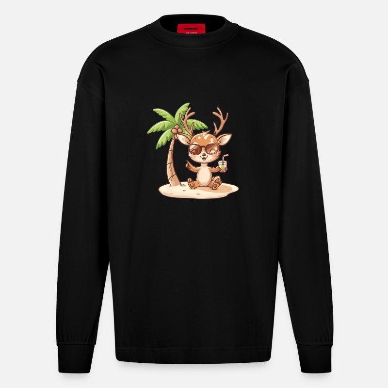 Deer Summer Beach Comic - Heavyweight Oversized Organic Longsleeve Shirt Made in EU - SOLID BLACK