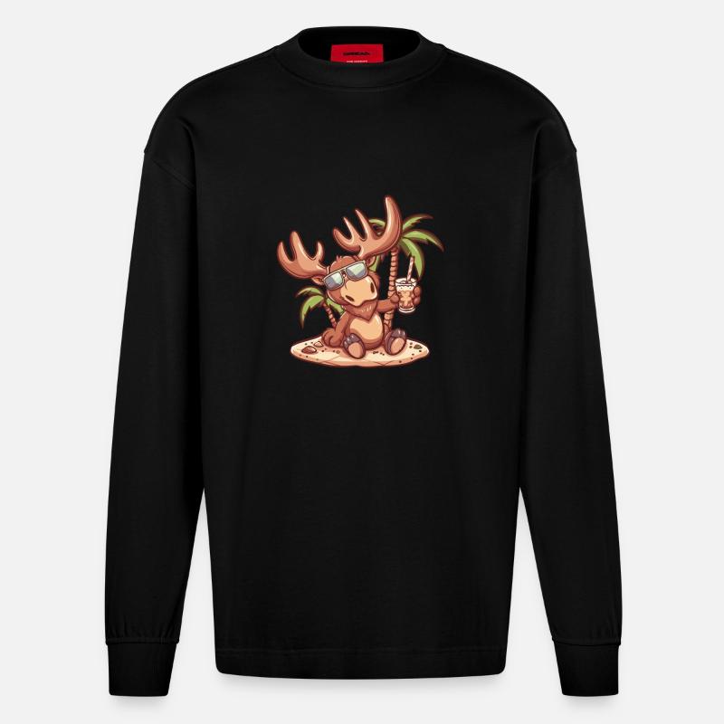 Elch Sommer Strand Comic - Heavyweight Oversized Organic Langarmshirt Made in EU - SOLID BLACK