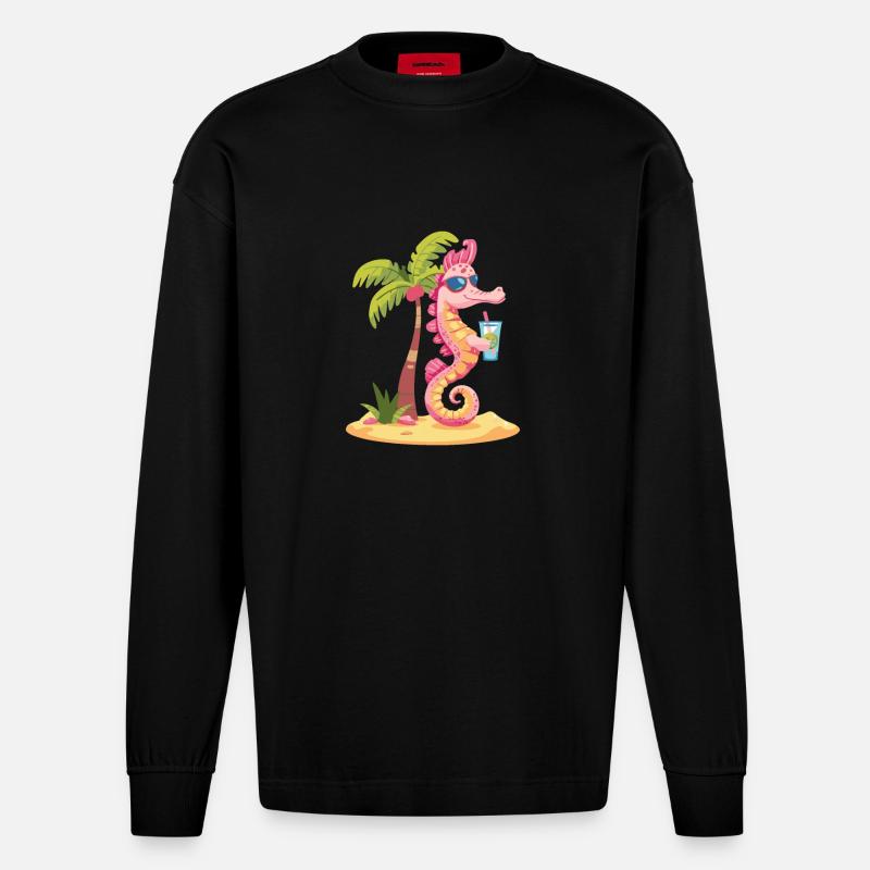 Seepferd Sommer Strand Comic - Heavyweight Oversized Organic Langarmshirt Made in EU - SOLID BLACK