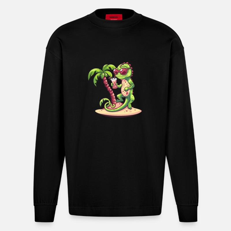 Chameleon Sommer Strand Comic - Heavyweight Oversized Organic Langarmshirt Made in EU - SOLID BLACK