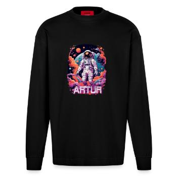 ARTUR - Beau prénom de garçon avec astronaute cool - Manches longues bio épais oversize fabriqué en UE - SOLID BLACK - Devant