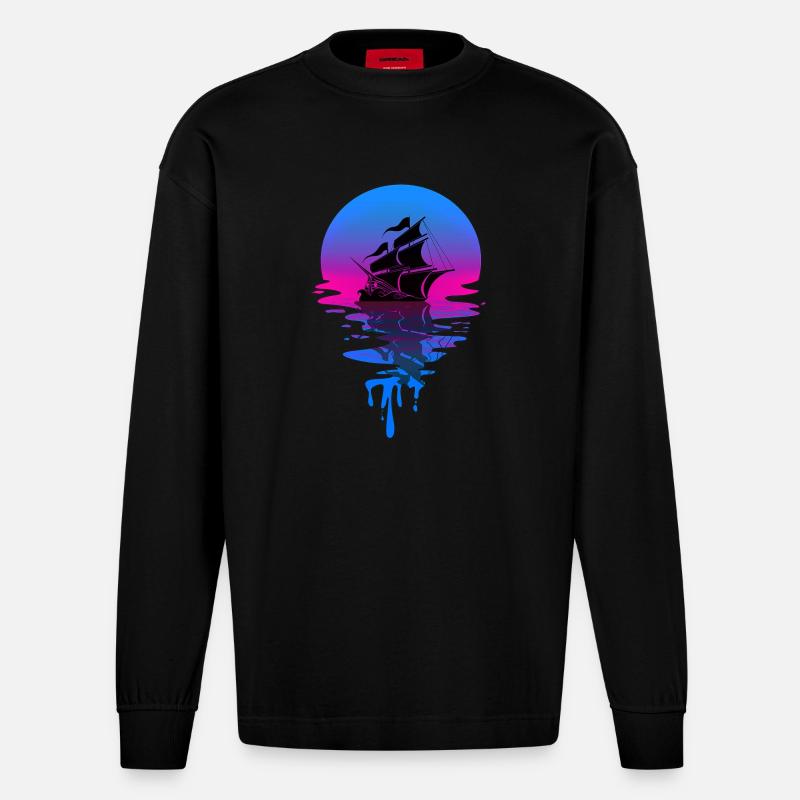 Sunset Pirate Ship - Heavyweight Oversized Organic Langarmshirt Made in EU - SOLID BLACK
