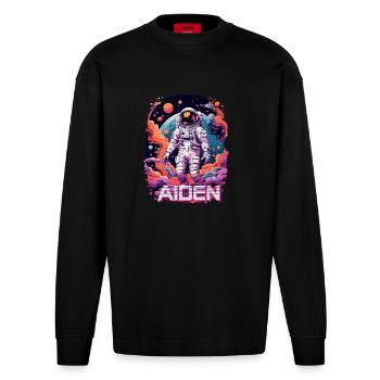 AIDEN - Beau prénom de garçon avec astronaute cool - Manches longues bio épais oversize fabriqué en UE - SOLID BLACK - Devant
