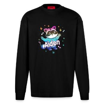 AIDEN - Beau nom de garçon avec un raton laveur mignon - Manches longues bio épais oversize fabriqué en UE - SOLID BLACK - Devant