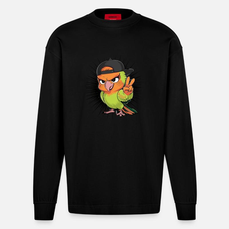 Cooler Papagei mit schwarzem Hut - Heavyweight Oversized Organic Langarmshirt Made in EU - SOLID BLACK