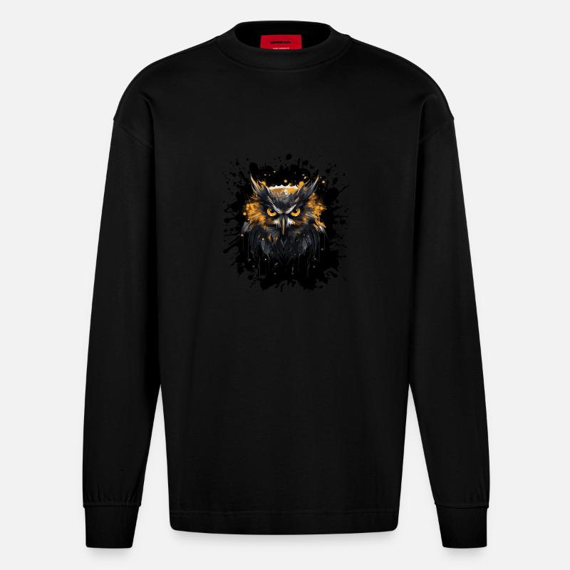 Eule Tier - Heavyweight Oversized Organic Langarmshirt Made in EU - SOLID BLACK
