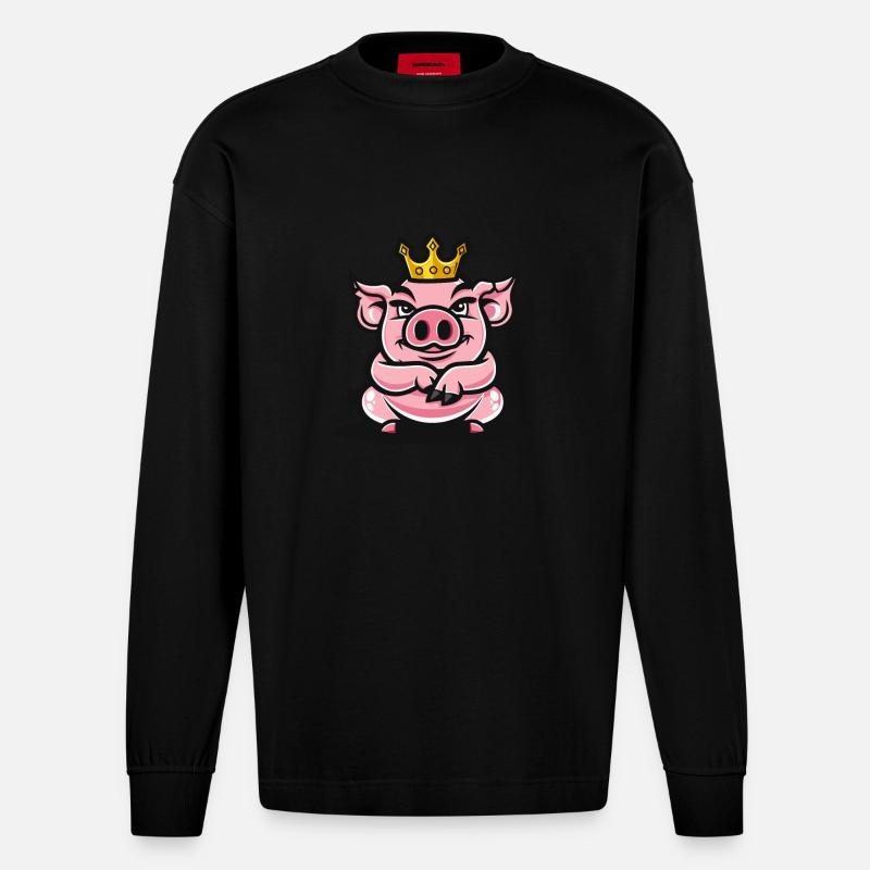 Schwein Comic Krone - Heavyweight Oversized Organic Langarmshirt Made in EU - SOLID BLACK