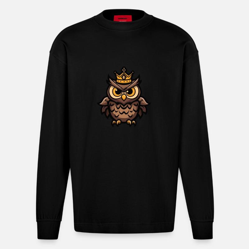 Eule Comic Krone - Heavyweight Oversized Organic Langarmshirt Made in EU - SOLID BLACK