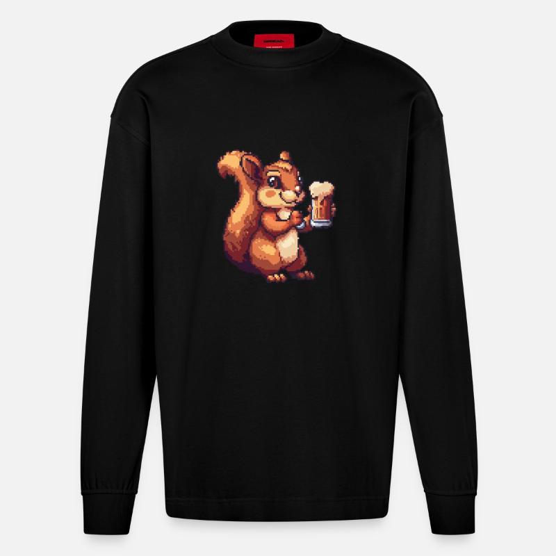 Squirrel Beer Pixel - Heavyweight Oversized Organic Longsleeve Shirt Made in EU - SOLID BLACK