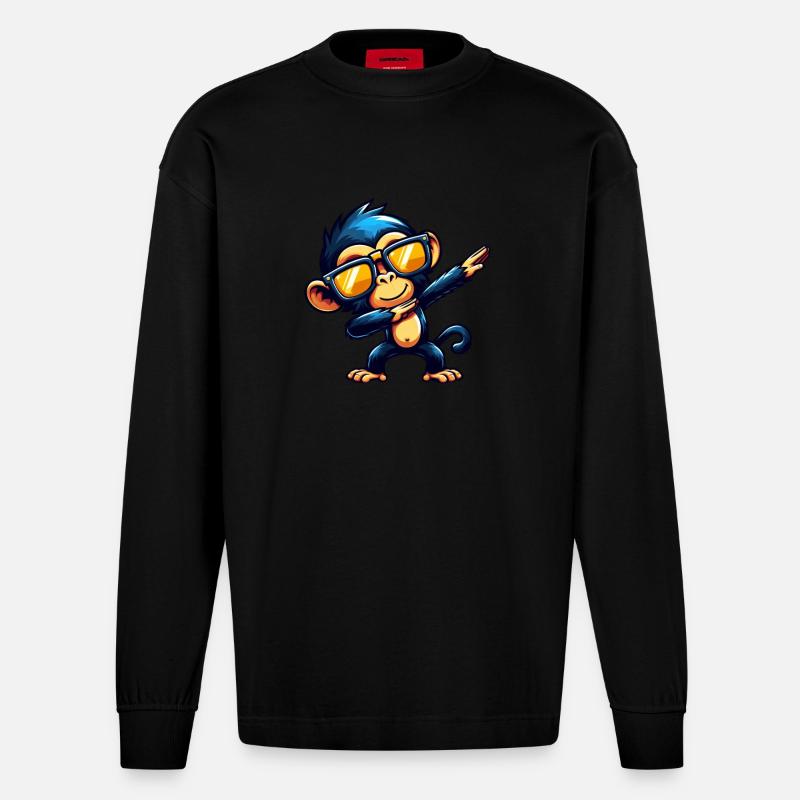 Schimpanse Dabbing Cool Affe Tanzend - Heavyweight Oversized Organic Langarmshirt Made in EU - SOLID BLACK