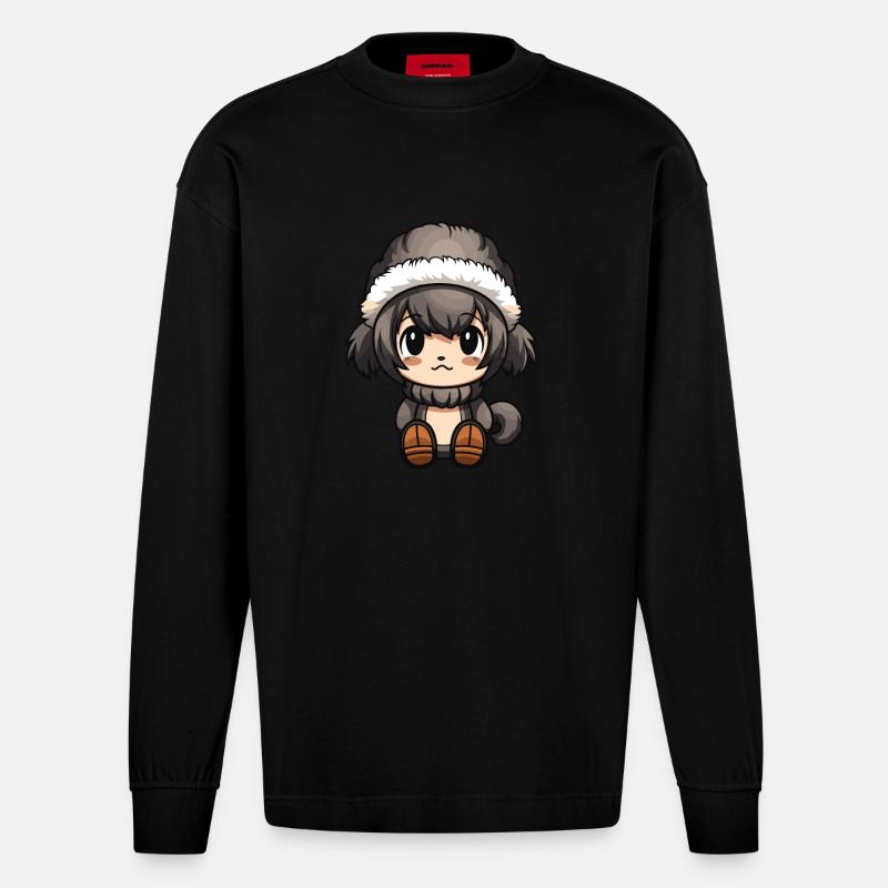 Affe Winter Comic Niedlich - Heavyweight Oversized Organic Langarmshirt Made in EU - SOLID BLACK