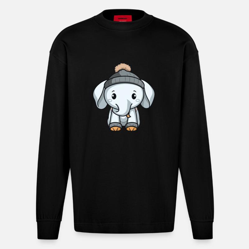 Elefant Winter Comic Niedlich - Heavyweight Oversized Organic Langarmshirt Made in EU - SOLID BLACK