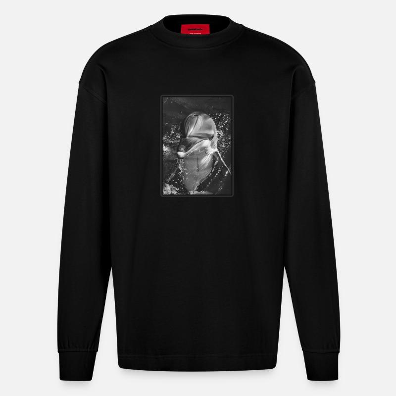 Dolphin Delfine Delfin - Heavyweight Oversized Organic Langarmshirt Made in EU - SOLID BLACK
