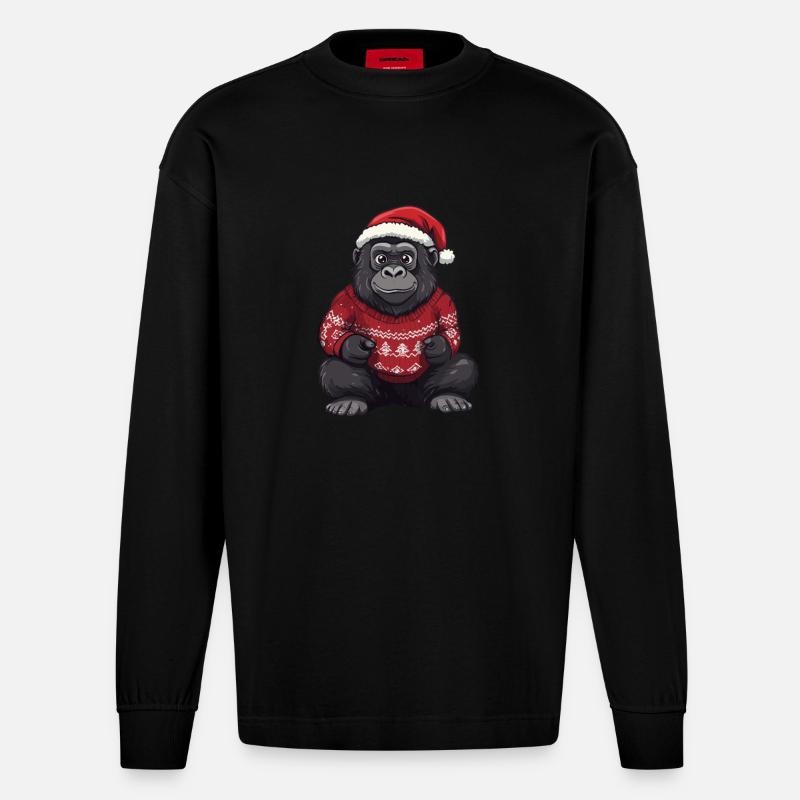 Gorilla Weihnachten Comic - Heavyweight Oversized Organic Langarmshirt Made in EU - SOLID BLACK