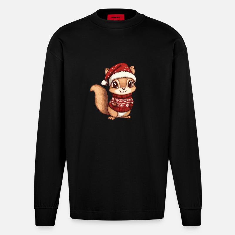Bande dessinée de Noël écureuil - Manches longues bio épais oversize fabriqué en UE - SOLID BLACK