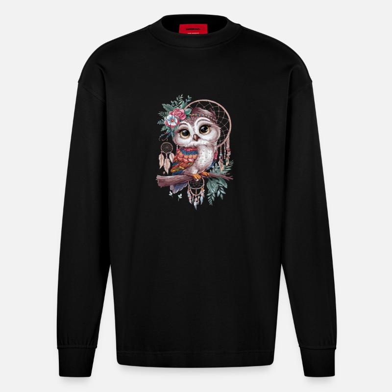 Eule Traumfänger Vogel Federn - Heavyweight Oversized Organic Langarmshirt Made in EU - SOLID BLACK