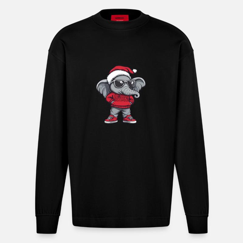 Noël éléphant Noël - Manches longues bio épais oversize fabriqué en UE - SOLID BLACK