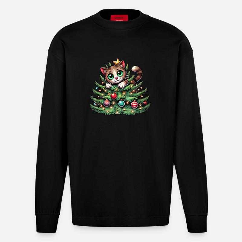 Weihnachtsbaum Katze Weihnachtsmann Comic - Heavyweight Oversized Organic Langarmshirt Made in EU - SOLID BLACK