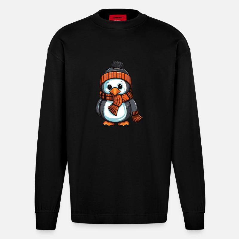 Pinguin Süß Winter Comic - Heavyweight Oversized Organic Langarmshirt Made in EU - SOLID BLACK