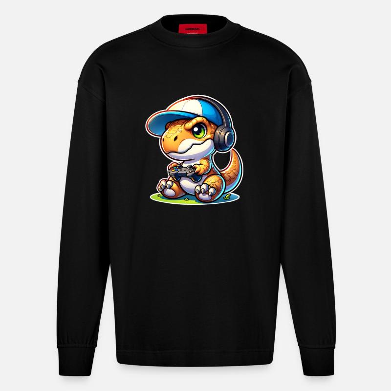 Gaming Dinosaurier T Rex - Heavyweight Oversized Organic Langarmshirt Made in EU - SOLID BLACK