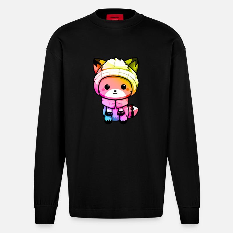 Fuchs Winter Tier Bunt Comic - Heavyweight Oversized Organic Langarmshirt Made in EU - SOLID BLACK