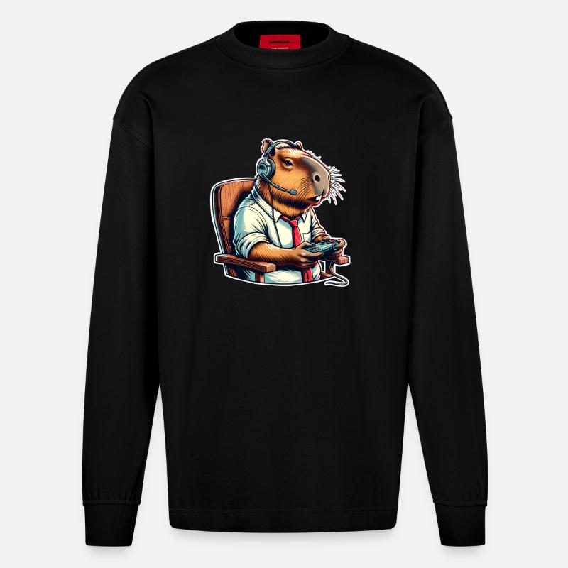 Capybara Gaming Nerd - Heavyweight Oversized Organic Langarmshirt Made in EU - SOLID BLACK