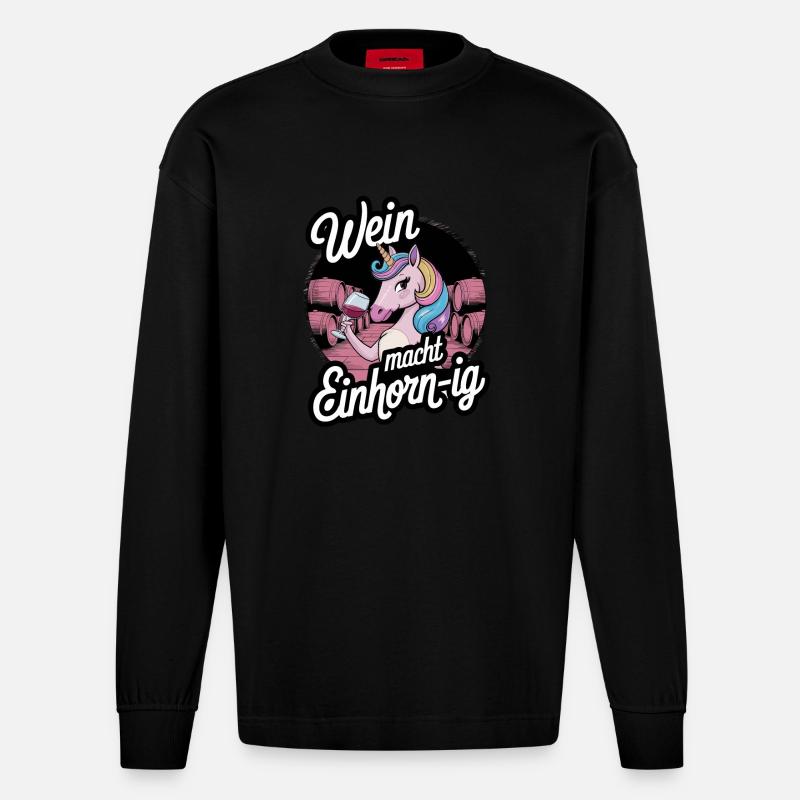 Wein macht Einhorn-ig - Heavyweight Oversized Organic Langarmshirt Made in EU - SOLID BLACK