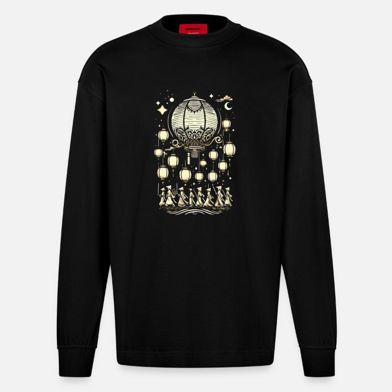 Parade des lanternes, lanterne - Manches longues bio épais oversize fabriqué en UE - SOLID BLACK