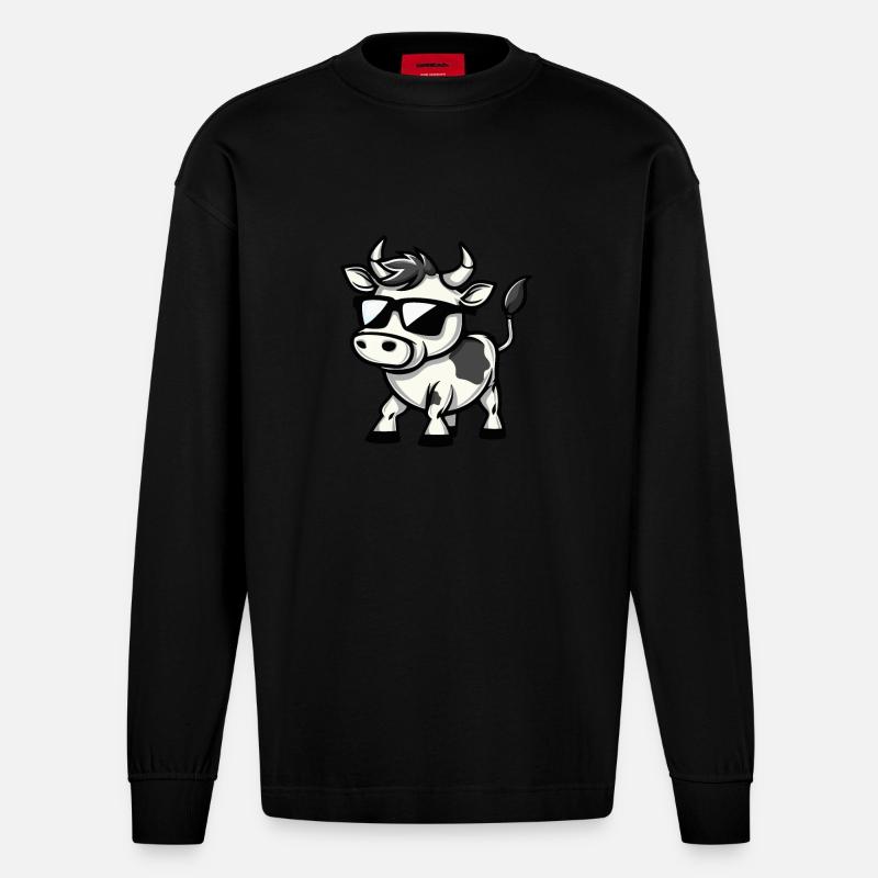 Vache Bande Dessinée Cool - Manches longues bio épais oversize fabriqué en UE - SOLID BLACK