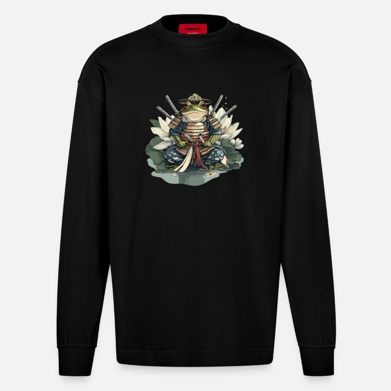 Frosch-Samurai: Krieger der Seerose - Heavyweight Oversized Organic Langarmshirt Made in EU - SOLID BLACK