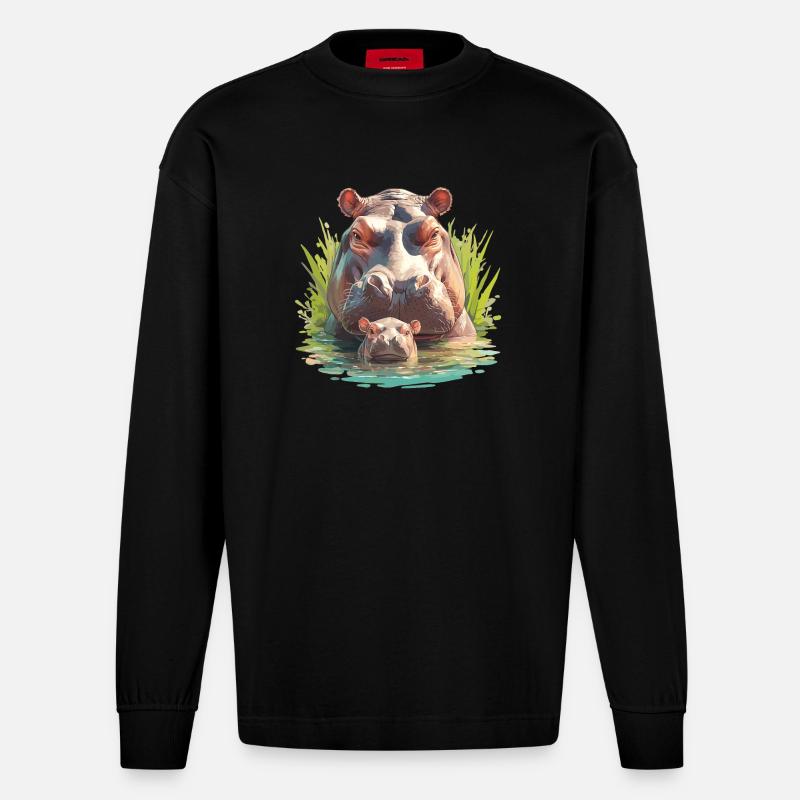 Nilpferd Flußpferd - Heavyweight Oversized Organic Langarmshirt Made in EU - SOLID BLACK