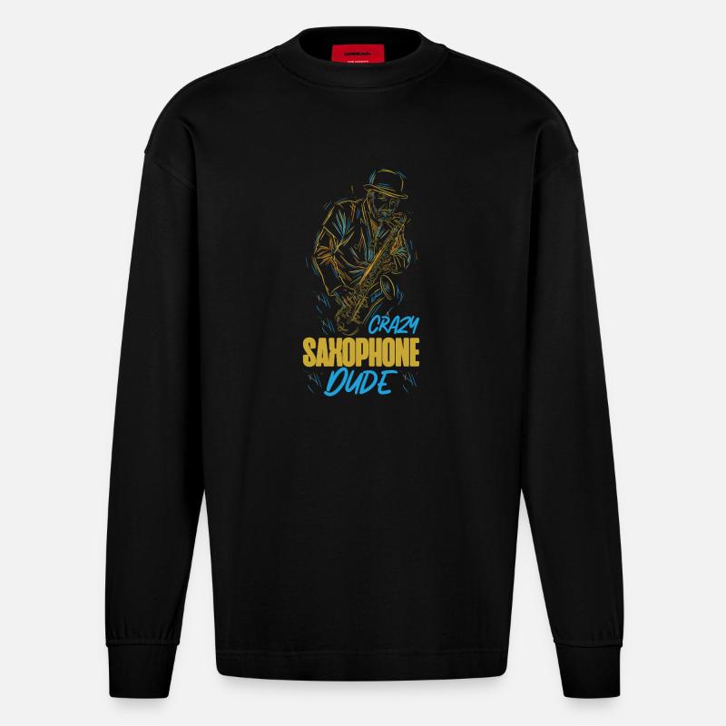 Saxophone Crazy Saxophone Dude - Heavyweight Oversized Organic Langarmshirt Made in EU - SOLID BLACK