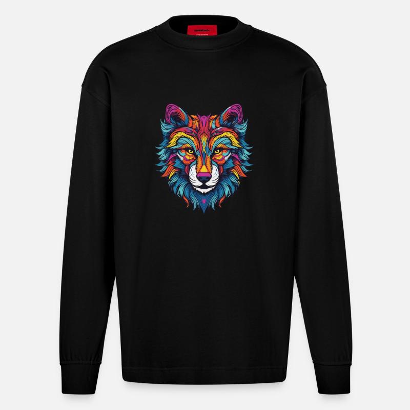 Wolf Portrait - Heavyweight Oversized Organic Langarmshirt Made in EU - SOLID BLACK