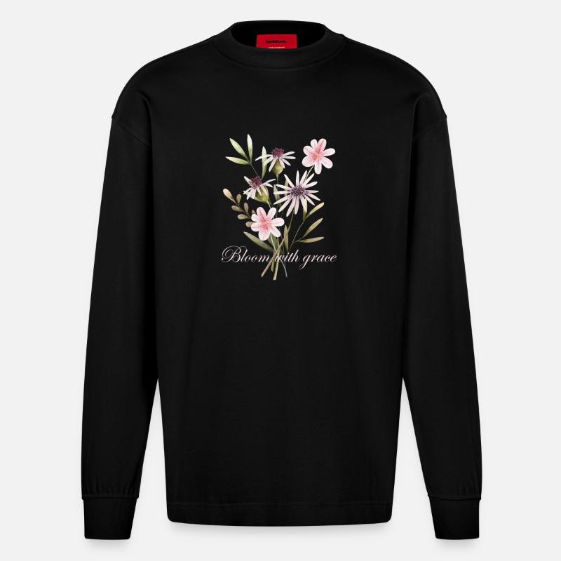 Bloom with Grace Floral - Heavyweight Oversized Organic Langarmshirt Made in EU - SOLID BLACK