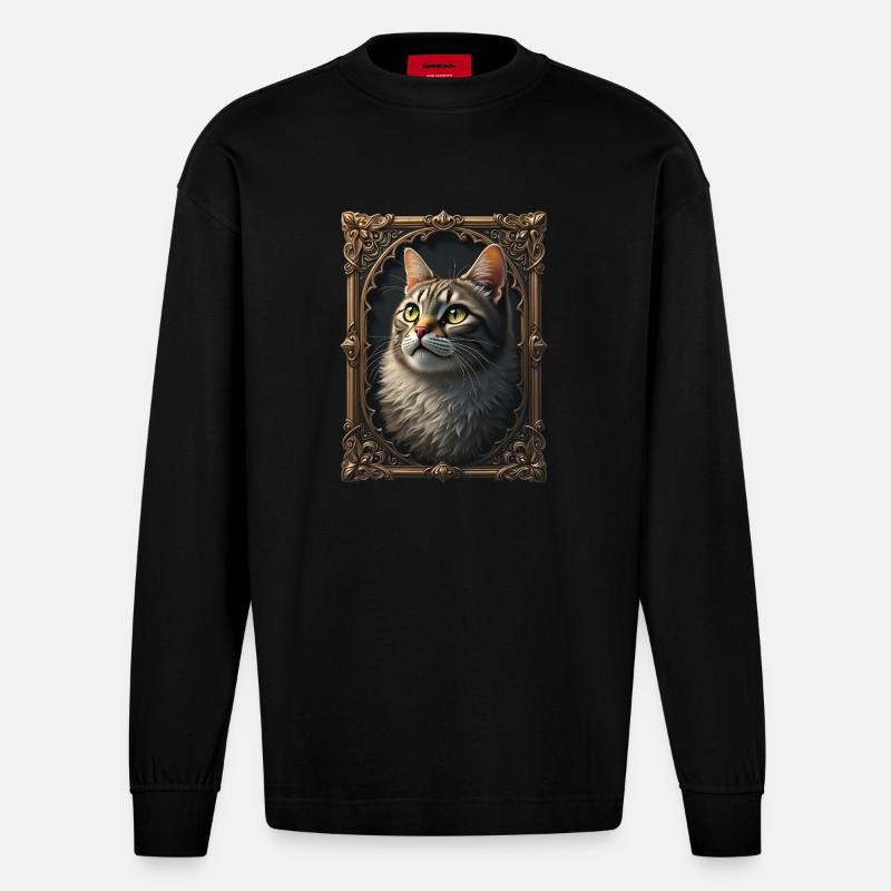 Mittelalter Katze im Bilderrahmen Kunst Krone - Heavyweight Oversized Organic Langarmshirt Made in EU - SOLID BLACK