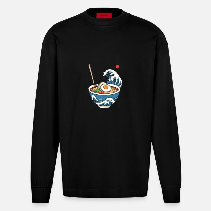 Ramen Ukiyo-e Esthétique Japonaise Rétro - Manches longues bio épais oversize fabriqué en UE - SOLID BLACK
