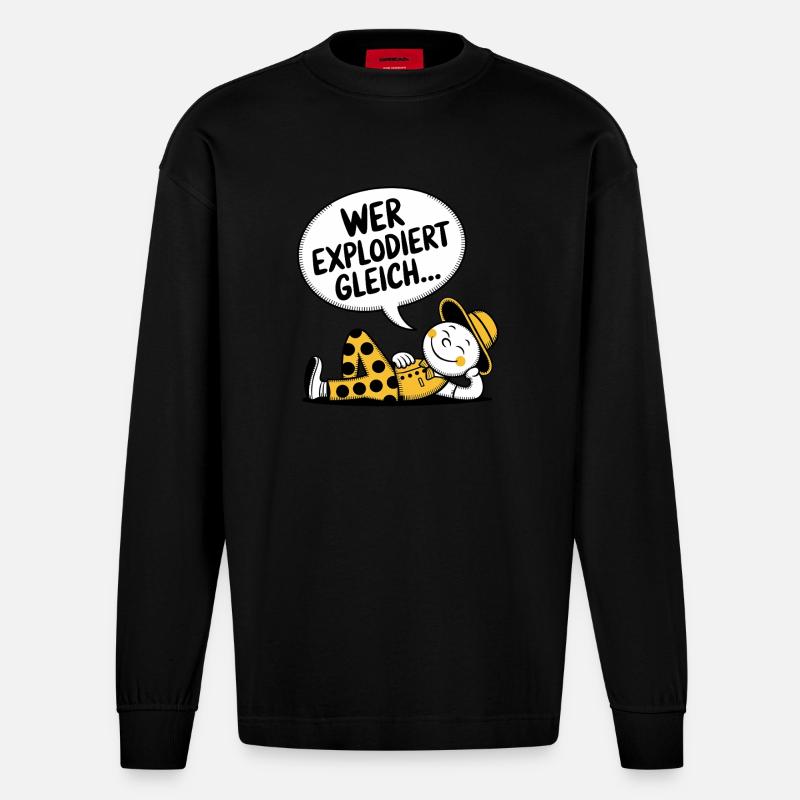 WER EXPLODIERT GLEICH - Heavyweight Oversized Organic Langarmshirt Made in EU - SOLID BLACK