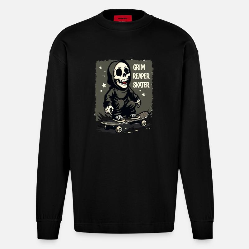 Skateboarding Sensenmann – Grim Reaper Style - Heavyweight Oversized Organic Langarmshirt Made in EU - SOLID BLACK
